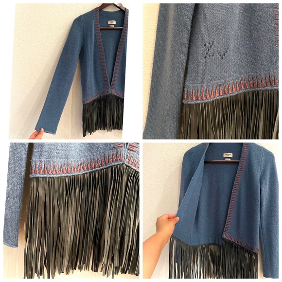 Zadig & Voltaire Marla Cashmere/ Leather Fringe Cardigan Boho Rock - Picture 14 of 15